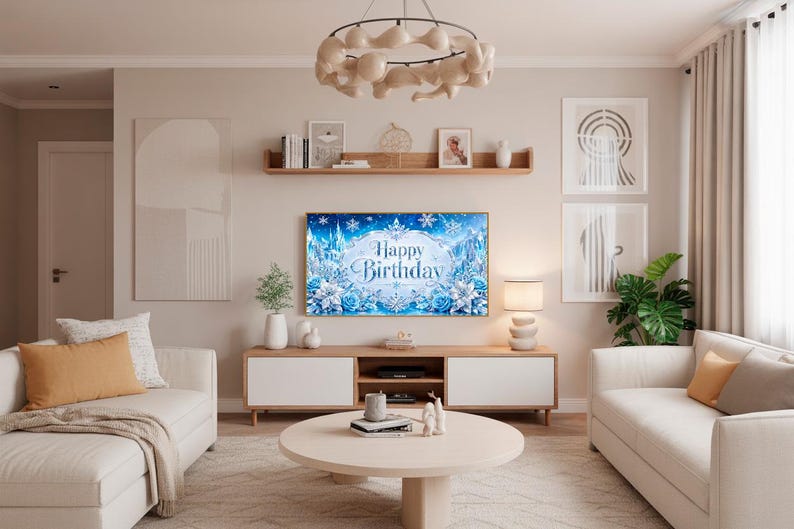 May include: A living room scene with a light color palette. A TV displays a "Happy Birthday" message with blue and white floral and snowflake accents. The room features two white sofas, a round coffee table, and a wooden entertainment center.