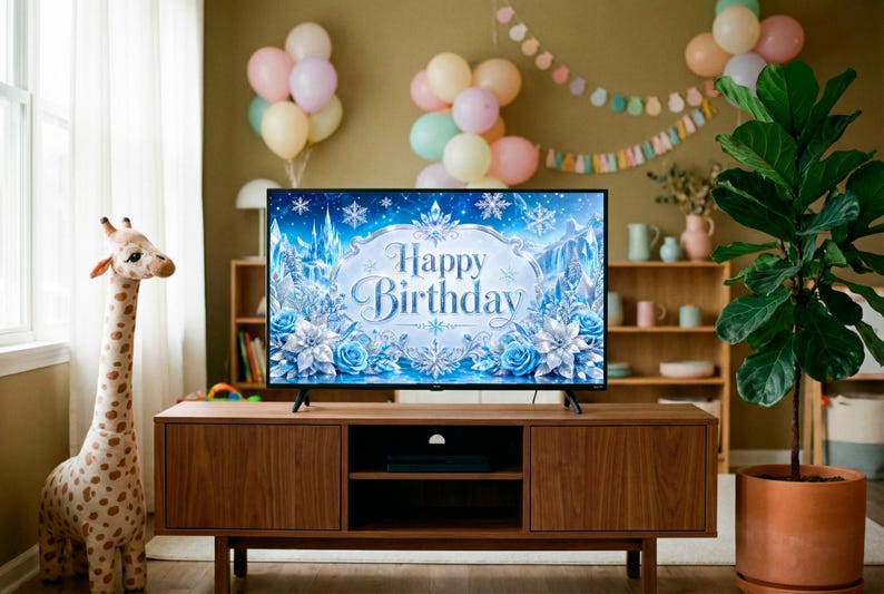 May include: A modern living room with a wooden TV stand, a large screen displaying "Happy Birthday" with blue floral and snowflake designs. Balloons and a giraffe plush toy add to the festive atmosphere. A potted plant is on the right.