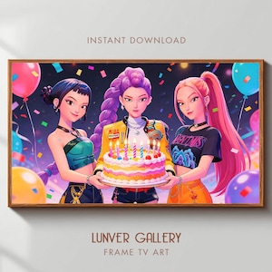Puede incluir: Ilustración digital enmarcada de tres mujeres sosteniendo un pastel de cumpleaños con velas encendidas. Las mujeres están rodeadas de globos y confeti. El texto "INSTANT DOWNLOAD" y "LUNVER GALLERY FRAME TV ART" son visibles.