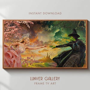 Puede incluir: Una impresión artística digital enmarcada que presenta una escena de fantasía con un hada con un vestido rosa y una bruja de piel verde. La obra de arte está ambientada en un atardecer y un castillo. El texto dice "INSTANT DOWNLOAD" y "LUNVER GALLERY FRAME TV ART."