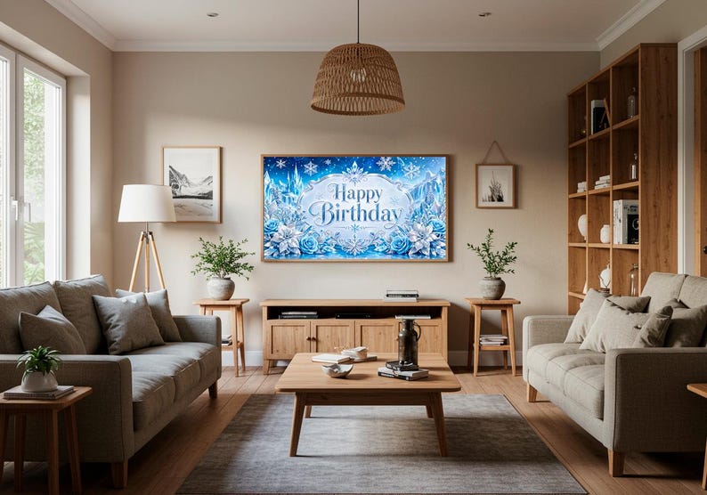 May include: A living room scene with a large framed artwork that says "Happy Birthday" in a winter wonderland theme. The room features two gray sofas, wooden furniture, and a woven pendant light.