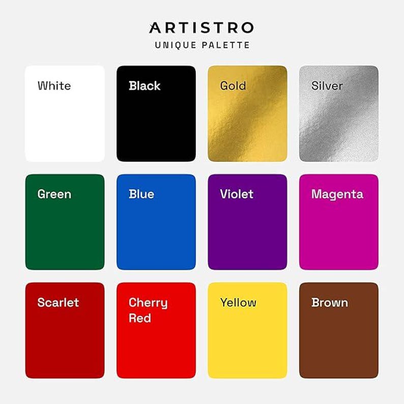 May include: A color palette graphic with the text "ARTISTRO UNIQUE PALETTE." The palette displays twelve color swatches: white, black, gold, silver, green, blue, violet, magenta, scarlet, cherry red, yellow, and brown. Each color is labeled.