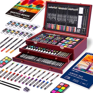 May include: A complete art set in a wooden case, including pencils, crayons, oil pastels, watercolor paints, and a sketch book. The set also includes a drawing pad and a pencil sharpener. The case is a dark reddish-brown color.