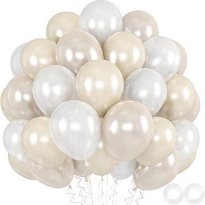 May include: A collection of pearlized balloons in shades of white and beige. The balloons are clustered together, with ribbons and clear adhesive dots visible. Ideal for celebrations and events.