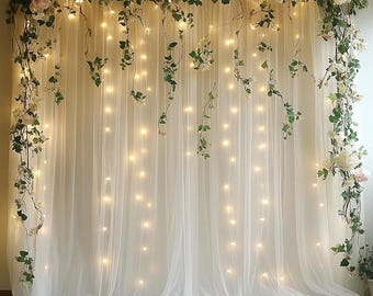10x10ft White Tulle Backdrop Curtain with String Lights, Wrinkle-Free Wedding Party Decor