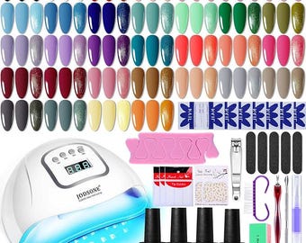 Gel Nail Polish Kit with U V Light 32 Colors Gel Polish Nail + 4 Functional Adhesive Bottles Kit Soak Off Manicure Tools Gifts for Women
