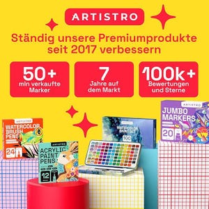 May include: A promotional image for Artistro art supplies. The image features various watercolor and acrylic paint sets, including brush pens and jumbo markers. Text on the image highlights the brand's premium products, sales figures, and customer reviews.