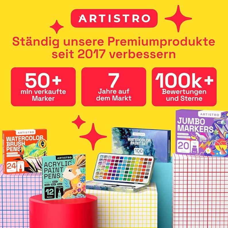May include: A promotional image for Artistro art supplies. The image features various watercolor and acrylic paint sets, including brush pens and jumbo markers. Text on the image highlights the brand's premium products, sales figures, and customer reviews.