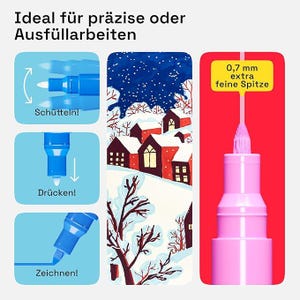May include: Image shows a pink marker with a 0.7 mm fine tip, and instructions for use. The instructions are in German, and include shaking, pressing, and drawing. A winter landscape painting is also shown.