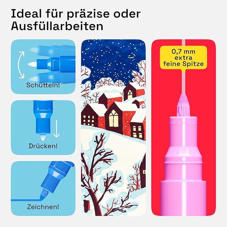 May include: Image shows a pink marker with a 0.7 mm fine tip, and instructions for use. The instructions are in German, and include shaking, pressing, and drawing. A winter landscape painting is also shown.