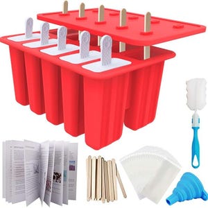 May include: A red popsicle mold set with a lid, white popsicle sticks, and a cleaning brush. The set includes wooden popsicle sticks, paper bags, a funnel, and a recipe book. Perfect for making homemade frozen treats.