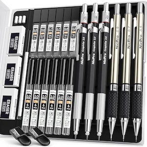 May include: A black and silver mechanical pencil set with erasers, lead refills, and pencil sharpeners. The set includes pencils with 0.5, 0.7, and 0.9 mm lead sizes, as well as 2.0 mm lead. The pencils are labeled "NicPro Graphite 2.0".