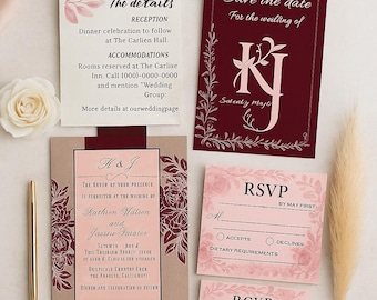 Burgundy Floral Wedding Invitation Suite, Elegant Marsala Canva Template (Instant Download)