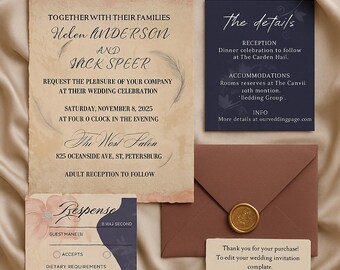 May include: A wedding invitation suite featuring a vintage aesthetic. The set includes an invitation, details card, response card, and an envelope with a gold wax seal. The invitation text includes the names Helen Anderson and Jack Speer, and the date November 8, 2025.
