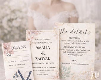 May include: Wedding invitation suite with floral accents. Includes an RSVP card, invitation, and details card. The invitation is for Amalia & Zaoyak, Saturday, September 24th. The text "Perfect for Every Bride" is at the top.