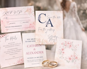 Soft Pink Floral Wedding Invitation Suite, Blush Watercolor Botanical Canva Template (Instant Download)