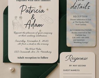 May include: Wedding invitation suite featuring a cream-colored invitation card with the names "Patricia & Adam" and event details. Includes a response card, details card, and a dark green envelope. Scattered pearls and floral accents complete the design.