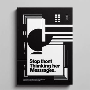 Könnte beinhalten: Ein schwarz-weißes Notizbuch mit geometrischen Formen und dem Text "Stop thont Thinking her Messsages." Das Cover zeigt einen großen Kreis und rechteckige Formen. Das Notizbuch hat ein minimalistisches Design.