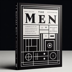 Op de afbeelding: Een hardcover boek met een zwarte kaft en witte tekst en afbeeldingen. De titel "THE MEN" staat prominent afgebeeld. De kaft bevat geometrische ontwerpen en extra tekst, waaronder "FE MAAELAAE MIETI" en "BOAZEN MCEN".