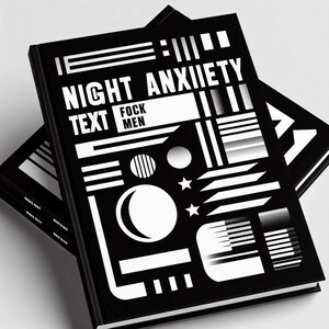 May include: Black book with the title "NIGHT ANXIETY TEXT" in bold white letters. The cover features geometric shapes and the words "FOCK MEN". The book is stacked on top of another book, both with black covers.