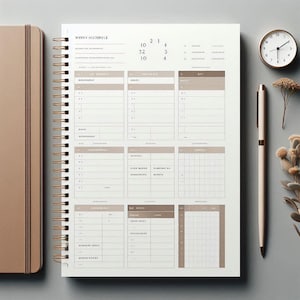 Op de afbeelding: Een wekelijks schema-planner met een spiraalbinding, met een beige omslag en een gedetailleerde interieurindeling. De planner bevat secties voor dagelijkse taken, notities en een kalender. Een goudkleurige pen en een kleine klok zijn ook zichtbaar.