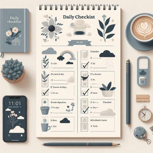 Op de afbeelding: Een platte compositie met een notitieblok met de titel "Daily Checklist". De afbeelding bevat een blauw notitieboek, een vetplant, een smartphone, een kopje koffie, een pen en een kleine klok. De checklist heeft illustraties en selectievakjes.