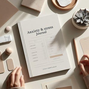 Op de afbeelding: Een crèmekleurig tijdschrift met de titel "Anxiety & stress Journal" met een minimalistisch ontwerp. Het tijdschrift heeft een checklist-indeling en de woorden "INSTANT DOWNLOAD" onderaan. Een vetplant in een witte pot en een houten potlood zijn ook zichtbaar.