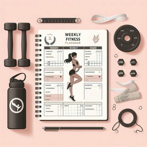 Op de afbeelding: Een bovenaanzicht van fitnessapparatuur op een roze ondergrond. Inclusief twee zwarte dumbbells, een waterfles, een wekelijkse fitnessplanner, een meetlint, een halterschijf en een springtouw. De planner heeft de tekst "WEEKLY FITNESS PLANNER".