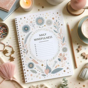 Op de afbeelding: Een spiraalgebonden notitieboek met de tekst "Naily Mindfulness" omringd door bloemen- en sterillustraties. Het notitieboek heeft een witte kaft met een checklist. Een potlood, een kaars en een kop koffie zijn ook zichtbaar.