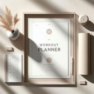 Op de afbeelding: Een ingelijste "Workout Planner" print in neutrale tinten. De afbeelding bevat een klein notitieboekje, een pen, een cilindrisch object en een vaas met gedroogde bloemen. Het ontwerp is minimalistisch en modern.