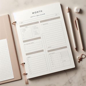 May include: A monthly goals planner with the word "MONTH" at the top. The planner is open, revealing sections for tasks, priorities, and appointments. A white pen, a rose gold pen, and a small stone are next to the planner.