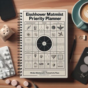 Op de afbeelding: Een spiraalgebonden planner met de titel "Eisshhower Matmiist Prierty Planner" in zwarte tekst. De planner heeft een raster met verschillende diagrammen en een centraal doelontwerp. De achtergrond is lichtbeige.