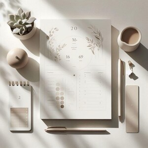 Op de afbeelding: Een minimalistische bureau-opstelling met een crèmekleurige planner met botanische illustraties, een kleine vetplant in een witte pot, een pen, een potlood, een klein notitieblok en een decoratieve bol. De planner heeft de nummers "20", "16" en "69" erop.