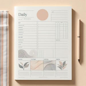 Op de afbeelding: Een crèmekleurige dagplanner met een zachtroze cirkel en het woord "Daily" bovenaan. De planner heeft secties voor planning, notities en een habit tracker. Een bijpassende pen ligt aan de rechterkant.