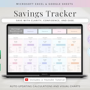 May include: A laptop displays a savings tracker dashboard with auto-updating calculations and visual charts. The screen shows a spreadsheet with various savings categories and goals. The image includes the text "Savings Tracker" and "Save with clarity, confidence, and ease."