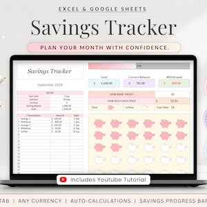 May include: A digital savings tracker spreadsheet for Excel and Google Sheets displayed on a laptop screen. The interface features a September 2028 calendar, transaction logs, a savings progress bar, and a visual grid of piggy bank icons.