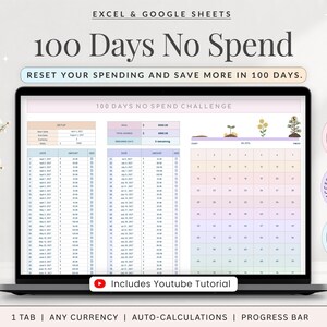 May include: A digital 100 Days No Spend challenge tracker for Excel and Google Sheets displayed on a laptop screen. The interface features columns for dates, amounts, and a progress grid with plant growth icons. Includes text labels for auto-calculations.