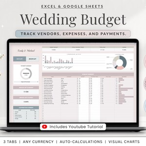 May include: A digital wedding budget spreadsheet for Excel and Google Sheets displayed on a laptop screen. The interface features a vendor summary table, payment tracking, expense charts, and a countdown timer. Includes a YouTube tutorial link.