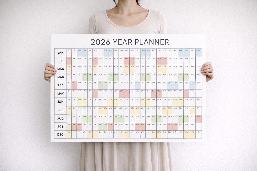 2026 Yearly Wall Planner Poster, Year at a Glance, Minimalist Pastel ...