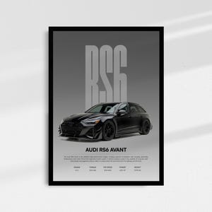 May include: Black Audi RS6 Avant poster in a black frame. The poster features the car in the center with the text "RS6" in large, gray letters above it. Below the car is the text "AUDI RS6 AVANT".