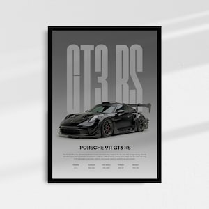 May include: Black framed poster featuring a black Porsche 911 GT3 RS sports car. The car is centered against a gray gradient background with the text "GT3 RS" in large, light gray letters. Below the car is the text "PORSCHE 911 GT3 RS".