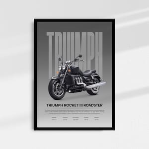 May include: Black Triumph Rocket III Roadster motorcycle poster. The motorcycle is centered on a gray background with the word "TRIUMPH" in large, light gray letters behind it. The poster has a black frame and includes specifications.