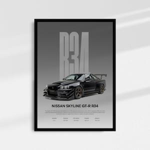 May include: Black framed poster featuring a black Nissan Skyline GT-R R34 car. The poster includes the text "R34" in large, light gray letters and the car's specifications. The poster is displayed on a white wall.