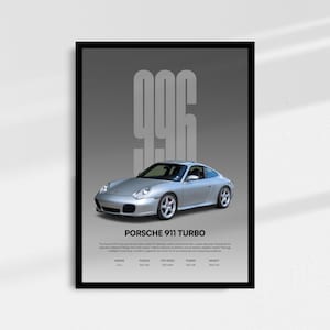 May include: Framed poster of a silver Porsche 911 Turbo. The poster features the car, the number "996", and the text "Porsche 911 Turbo". Specifications for the car are also included on the poster.