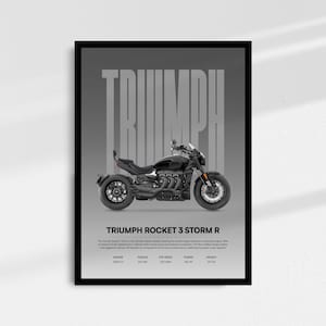 May include: Black and gray Triumph Rocket 3 Storm R motorcycle poster. The poster features the motorcycle in profile against a gray gradient background, with the Triumph logo at the top. The poster is framed in black.