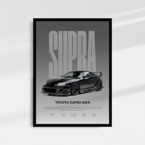 May include: Black framed poster featuring a black Toyota Supra MK4 car. The word "SUPRA" is in large, light gray letters at the top. Below the car is the text "TOYOTA SUPRA MK4" and car specifications.
