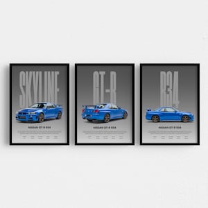 May include: A set of three framed posters featuring a blue Nissan GT-R R34. Each print displays the car from a different angle, with large vertical text reading SKYLINE, GT-R, and R34, along with technical specifications and model details.