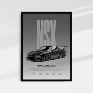Puede incluir: Póster enmarcado con un coche deportivo Honda NSX NA1 negro. El coche está sobre un fondo gris con la palabra "NSX" en letras grandes de color gris claro. Debajo del coche, se muestra el texto "HONDA NSX NA1".