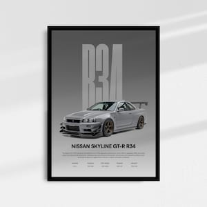 Op de afbeelding: Een ingelijste poster met een zilverkleurige Nissan Skyline GT-R R34 auto. De poster heeft een grijze achtergrond met de tekst "R34" in grote, lichtgrijze letters. Onder de auto staat de tekst "NISSAN SKYLINE GT-R R34".