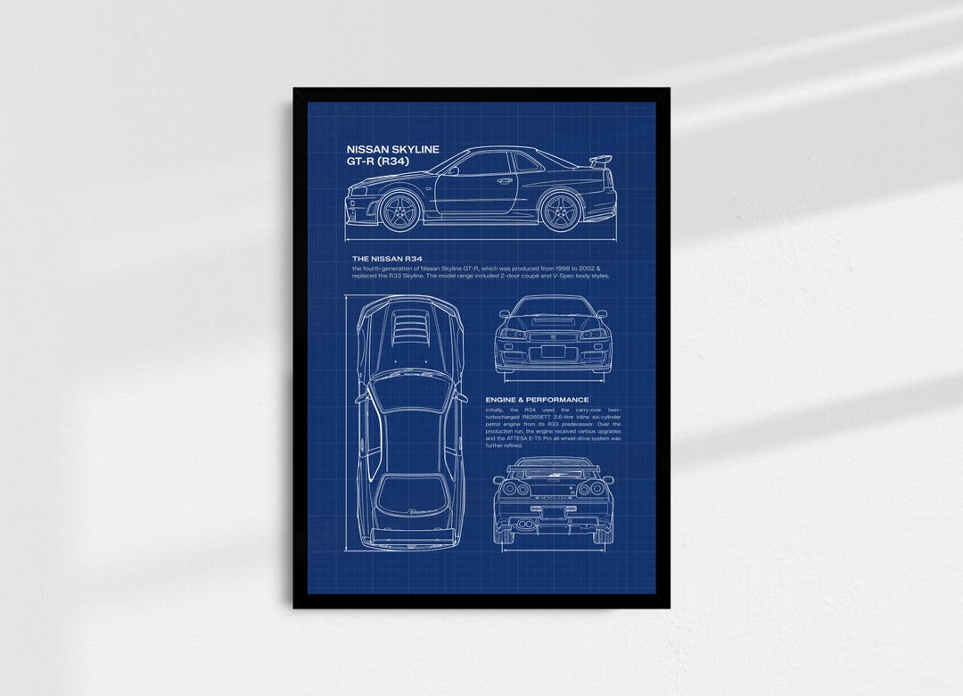 Nissan Skyline R34 GTR Blueprint Poster - Etsy Australia